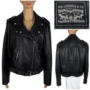 Levis Womens Large Jacket Faux Leather Belted Moto Black Motorcycle Outdoors